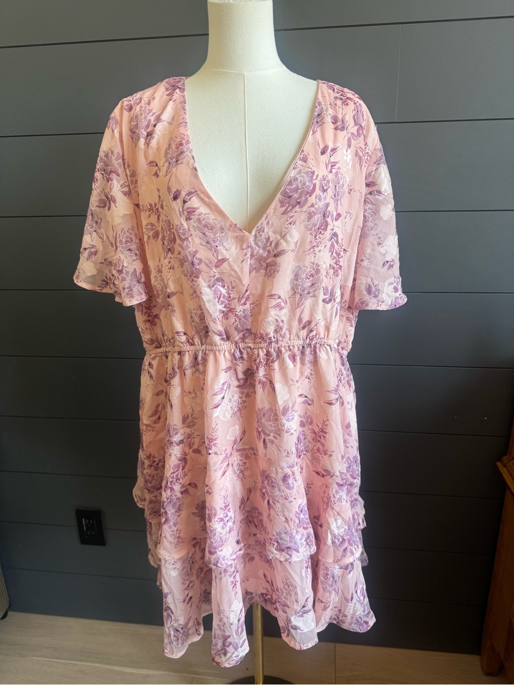 ARULA Blush Pink Floral V-Neck Layered Ruffle Dress Cottagecore Feminine